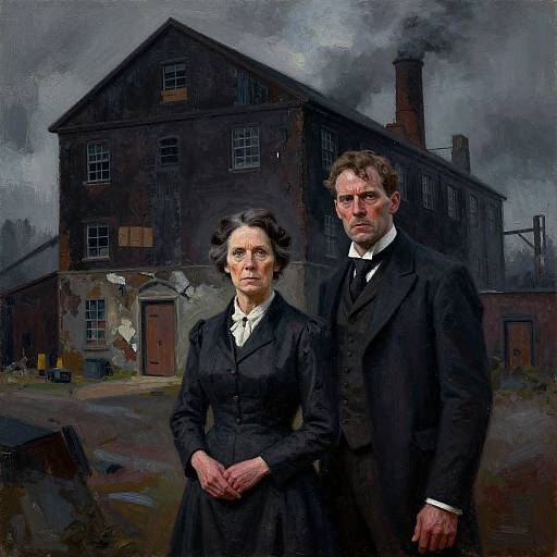 Digital painting of stern-faced Victorian couple in black attire, standing before a dark, industrial factory with smokestacks and cloudy sky.