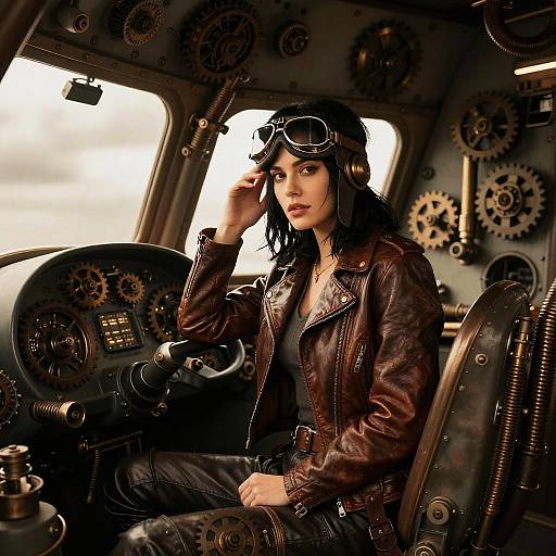 Steampunk-style photograph of a dark-haired woman in a brown leather jacket and aviator goggles, sitting in a gear-filled cockpit.
