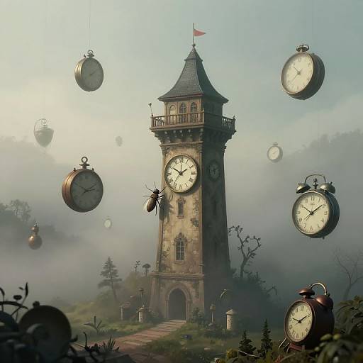 Fantasy digital artwork: A tall, medieval clock tower with floating, oversized clocks and a beetle in misty, foggy forest.