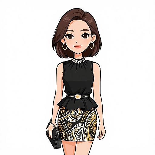 Digital illustration of a young woman with short brown hair, black sleeveless top, patterned skirt, gold earrings, and a black clutch.