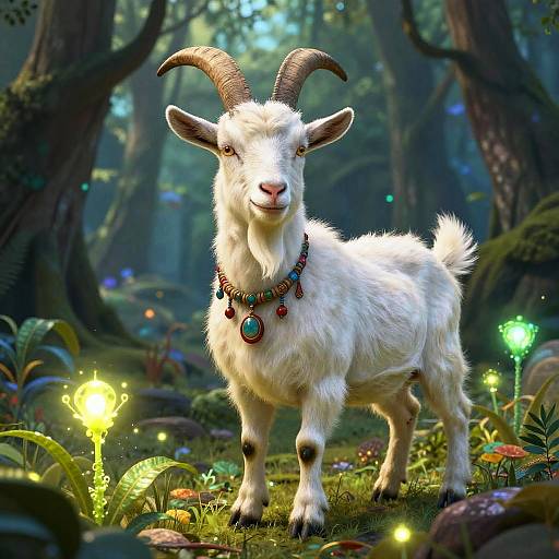 Digital art of a white goat with curved horns, wearing a beaded necklace, standing in a magical forest with glowing mushrooms and luminescent plants.