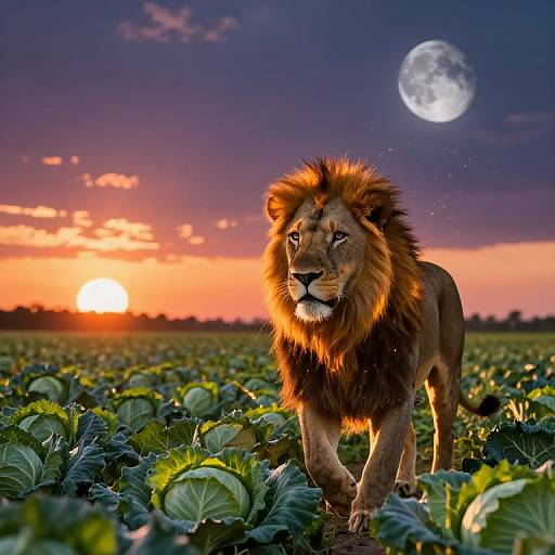 Photograph of a majestic male lion with a lush mane, standing in a vibrant green cabbage field at sunset, under a bright full moon in a clear