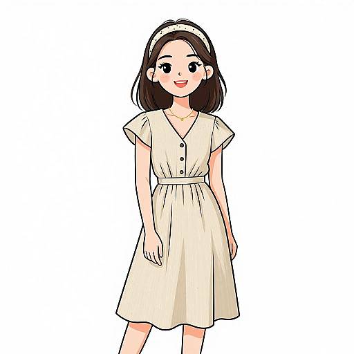 Digital anime-style drawing of a smiling young woman with short black hair, wearing a white dress with black buttons and a headband, standing against a white