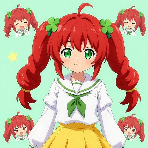 Digital anime-style drawing of a red-haired girl with green eyes, green hair clips, and twin pigtails, wearing a white sailor uniform and yellow