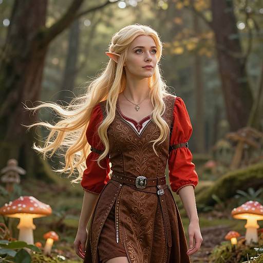 Digital fantasy artwork of a blonde elf woman with pointed ears, wearing a brown, red-sleeved dress, standing in a forest with glowing mushrooms.