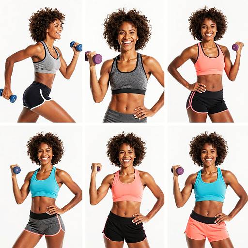 Photograph of smiling, athletic, curly-haired Black woman in sports bras and shorts, holding dumbbells in various workout poses, white background.