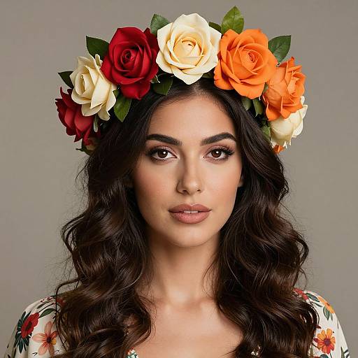Photograph of a woman with wavy dark hair, wearing a floral crown with red, white, and orange roses, and a floral dress, against