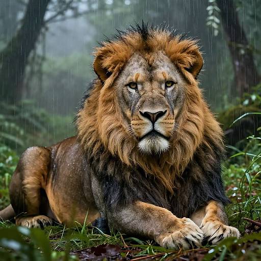 Photograph of a majestic male lion with a thick, golden-brown mane, lying in a rain-soaked forest, intense gaze, grass and moss