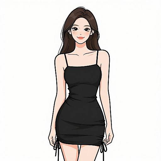 Digital anime-style drawing of a smiling woman with long black hair, fair skin, wearing a tight black spaghetti-strap dress, standing against a white background