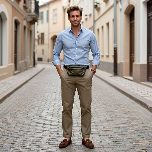 Photograph of a handsome man with short brown hair, blue button-up shirt, beige pants, brown shoes, and a gray waist pouch, standing confidently