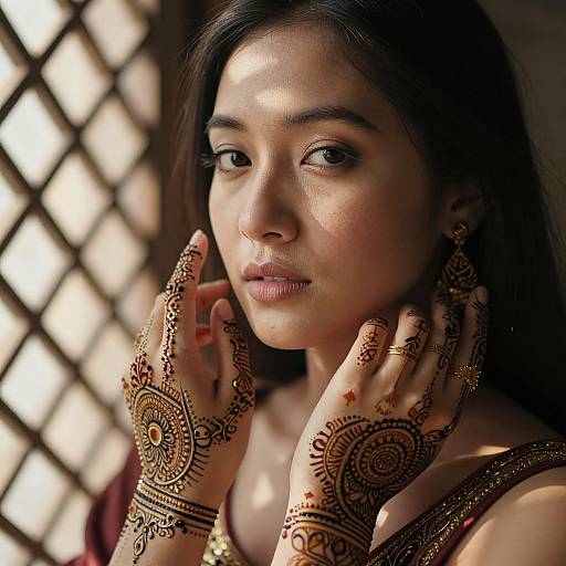 Photograph of an Asian woman with dark hair, brown eyes, and intricate henna designs on her hands and fingers, wearing gold earrings and a mar