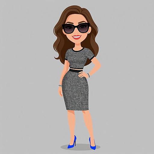 Cartoon-style illustration of a confident woman with long brown hair, wearing black sunglasses, a gray textured dress, black belt, blue high heels, and