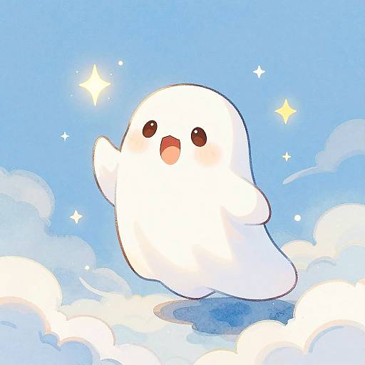 Cute, white, ghost-like creature with small black eyes and a wide, pink mouth, standing on fluffy blue clouds under a bright blue sky with
