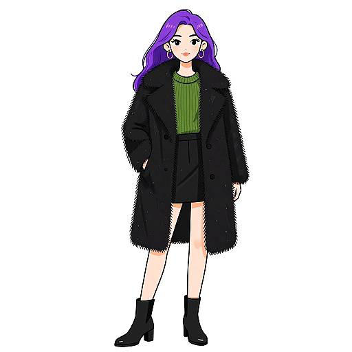 Digital anime-style drawing of a purple-haired woman in a black fur coat, green sweater, black skirt, and ankle boots.