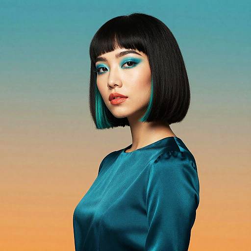 Digital portrait of an Asian woman with a sleek black bob, turquoise eyeshadow, and blue silk top, against a gradient orange-blue background.