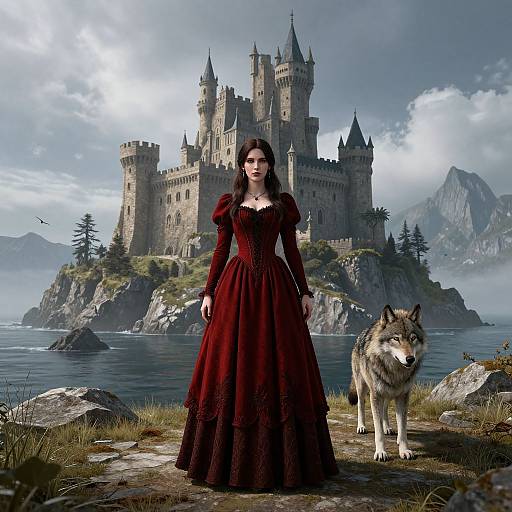 Gothic Woman with Wolf by Castle