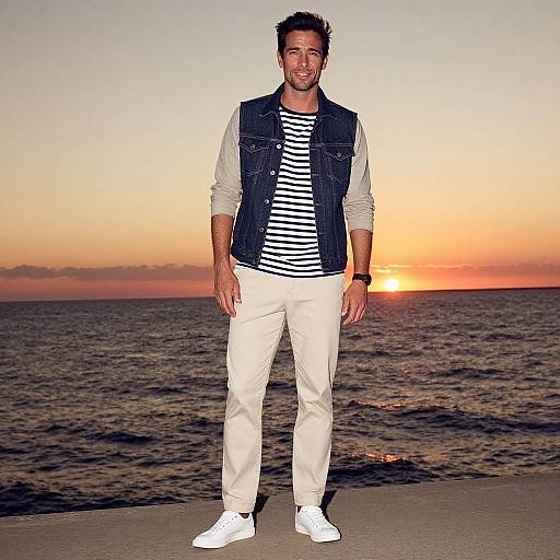 Photograph of a smiling man at sunset, wearing a striped shirt, white pants, denim vest, and white sneakers, standing on a beach.