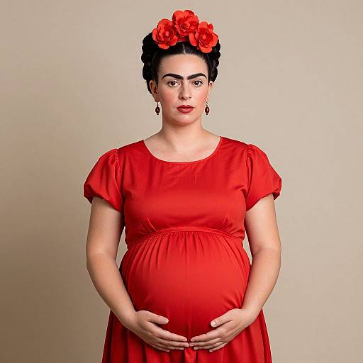 Photograph of a pregnant woman with fair skin, dark hair in an updo, wearing a red dress and red flower headpiece, against a beige