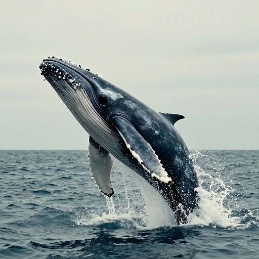 Photograph of a massive humpback whale leaping out of the ocean, dark gray body, white underside, splashing water, under a cloudy