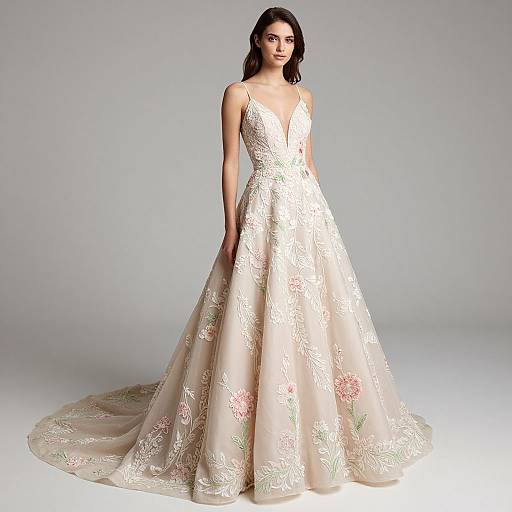 Photograph of a woman with dark hair in a plunging, ivory, floral-embellished ball gown with a full skirt and long train,