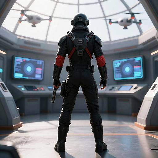 Futuristic Warrior in a High-Tech Control Room