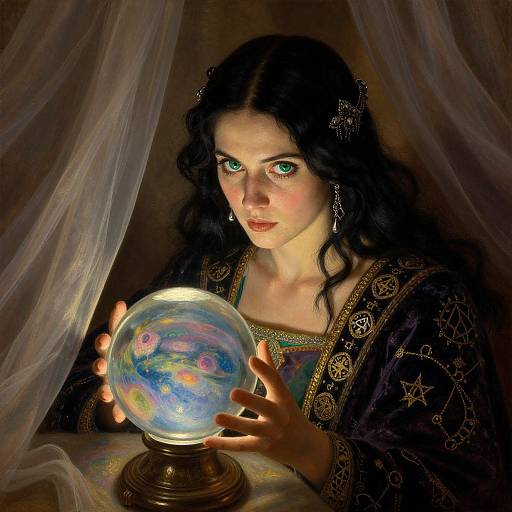 Photorealistic digital painting of a fair-skinned woman with green eyes, dark wavy hair, and ornate black dress, holding a glowing crystal