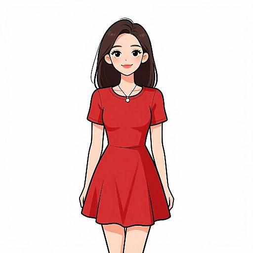 Digital anime-style drawing of a smiling young woman with long black hair, wearing a red short-sleeved dress, white background.