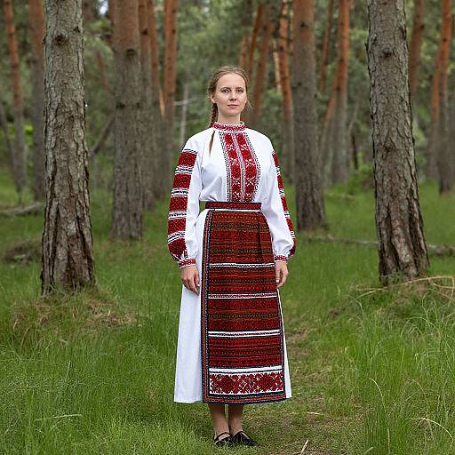Photograph of a young woman in a traditional white and red embroidered dress standing in a forest with tall pine trees.