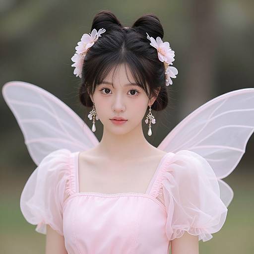 Photograph of an East Asian young woman with fair skin, black hair in buns, wearing a pink dress, white wings, and flower hairpieces