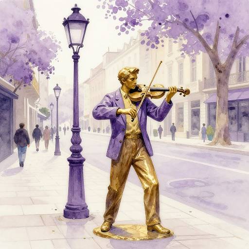 Bronze statue of a bearded man playing violin on a sunlit, purple-hued street with lampposts and pedestrians. Watercolor style