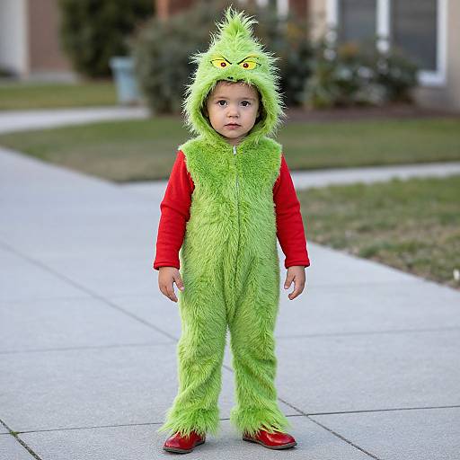 Photograph of a toddler in a bright green, furry monster onesie with a yellow-eyed hood, red long-sleeve shirt, and red shoes
