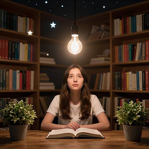 Photograph of a young woman with long brown hair, wearing a white shirt, reading an open book in a dimly lit library with bookshelves