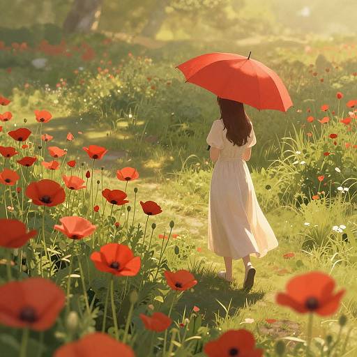 Photograph of a woman with long brown hair in a white dress holding a red umbrella, walking through a sunlit field of vibrant red poppies.
