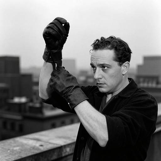 Black-and-white photograph of a focused man with short dark hair, wearing black gloves and jacket, adjusting his glove on a rooftop, urban cityscape blurred