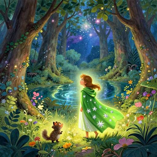 Digital fantasy artwork of a girl in a glowing green dress standing by a moonlit forest stream, surrounded by flowers and a curious cat.