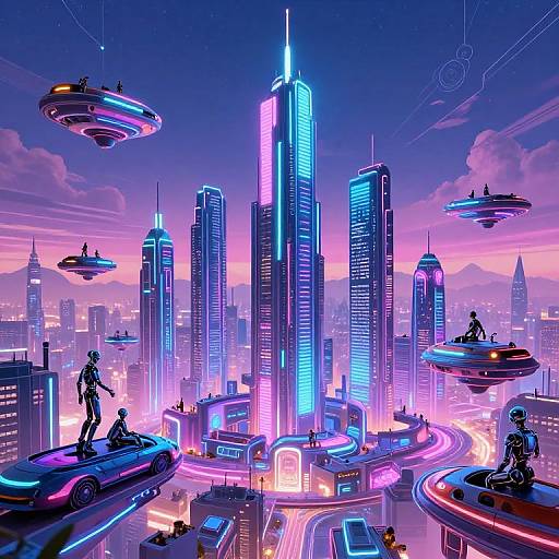 Neon-lit futuristic cityscape with flying cars, hoverbikes, and glowing skyscrapers. Cyberpunk style, vibrant purples, blues