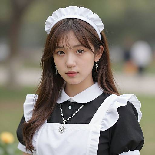 Photograph of an Asian woman with long brown hair, wearing a black and white French maid outfit, silver necklace, and star earrings, standing outdoors with
