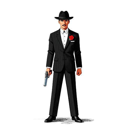 Digital drawing of a stern man in a black pinstripe suit, white shirt, black tie, red rose, black hat, holding a gun,