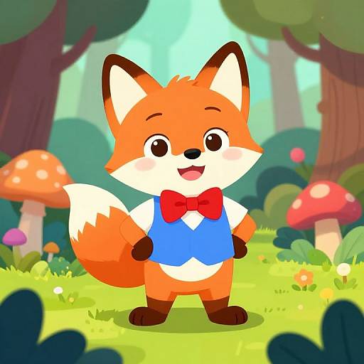Cartoon fox with orange fur, white chest, black ears, wearing blue vest and red bowtie, stands in vibrant, mushroom-filled forest.
