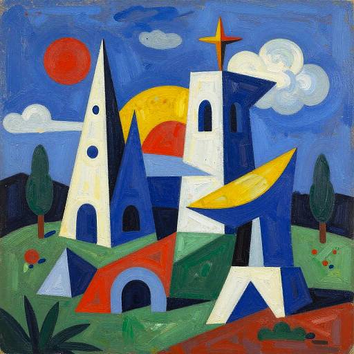 Vibrant abstract painting of a geometric church with white, blue, and black towers, red sun, yellow crescent, and green hills.