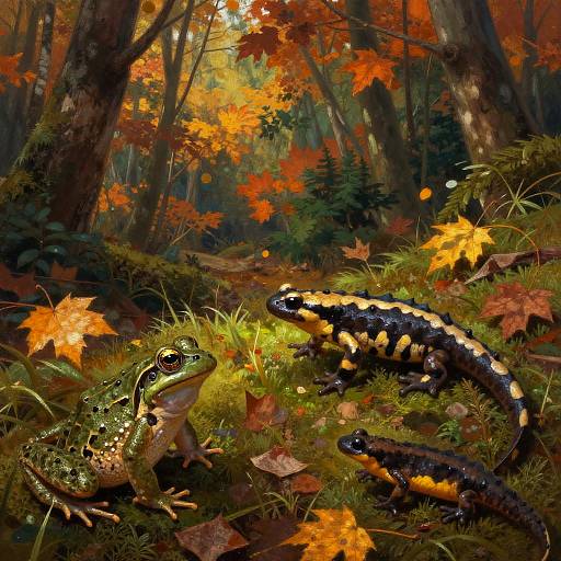 Vibrant Autumn Forest with Salamanders