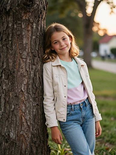 9-Year-Old Girl Leaning on Tree