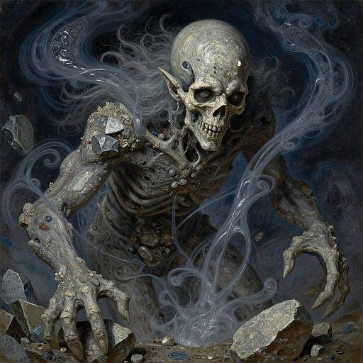 Digital art of a skeletal, ghostly figure with pointed ears, smoking bony hands, surrounded by swirling gray mist against a dark blue background.