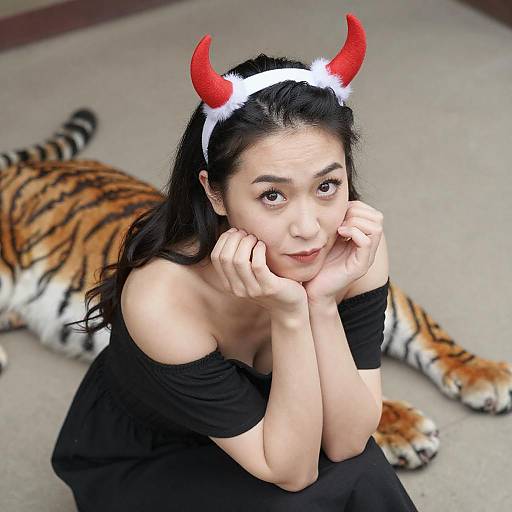 Playful Asian Woman with Horned Headband