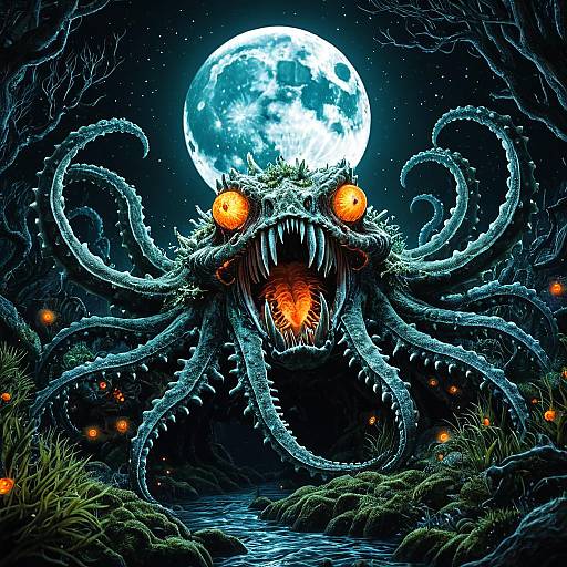 Giant Coral Kraken Under Full Moon