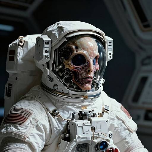 Photorealistic CGI: Astronaut with skeletal human face in white spacesuit, helmet reflecting light, American flag patch, dark space background.