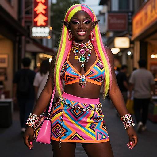 Photograph of a dark-skinned woman with long neon yellow and pink hair, wearing vibrant geometric-patterned outfit, jewelry, and elf ears, standing