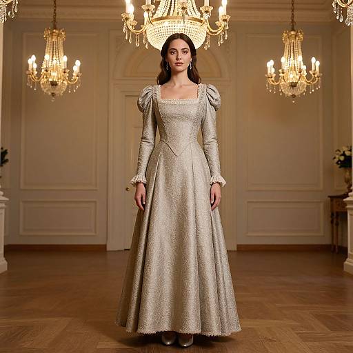 Photograph of a woman in a shimmering, long-sleeved, silver gown with puffed shoulders, standing in an elegant, chandelier-l