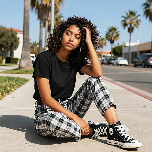 Photograph of a curly-haired, brown-skinned woman in a black t-shirt and black-and-white plaid pants, sitting on a sunny sidewalk,