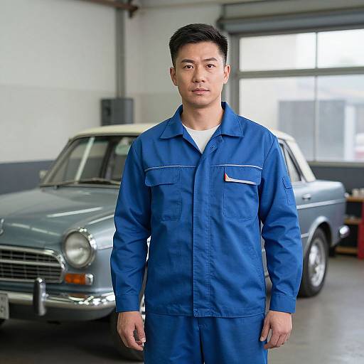 Confident Mechanic with Vintage Car